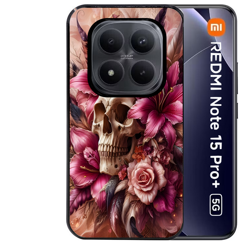 Coque noire taperso pour Redmi Note 15 et PRO PLUS 4G 5G avec motif tete de mort skull plume protection antichoc personnalisée
