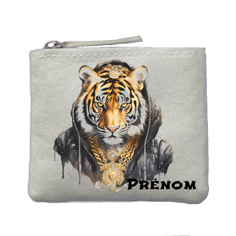 Porte monnaie personnalisé tigre hip hop ivoire en feutrine en feutrine ivoire