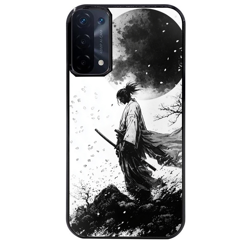 Coque noire taperso pour OPPO A54 et A74 5G avec motif samourai et lune protection antichoc personnalisée
