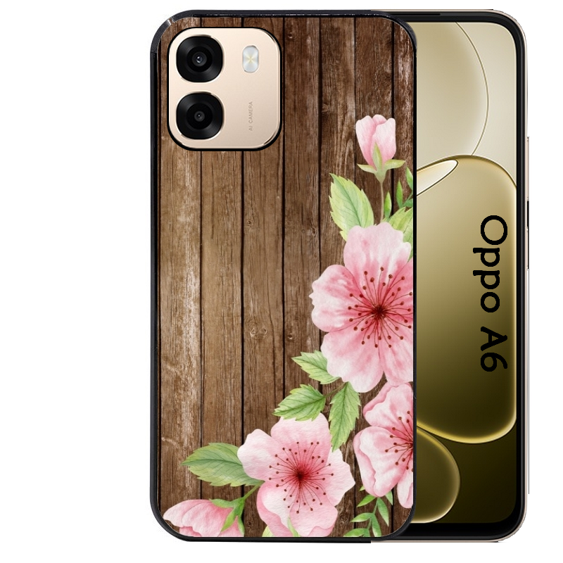 Coque noire taperso pour OPPO A6 A6X 4G et 5G avec motif bois avec fleur rose protection antichoc personnalisée