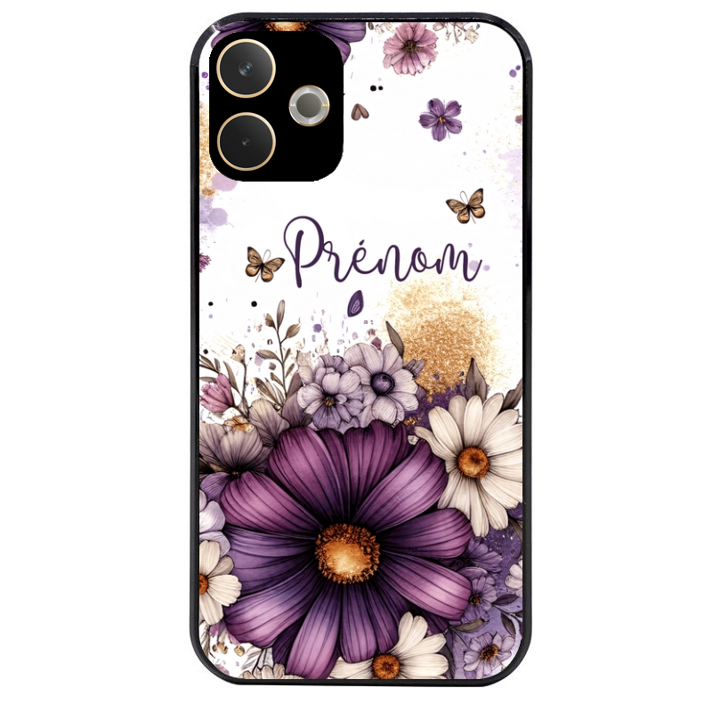 Coque noire taperso pour OPPO A5 PRO 4G et 5G avec motif fleur violette personnalisee protection antichoc personnalisée