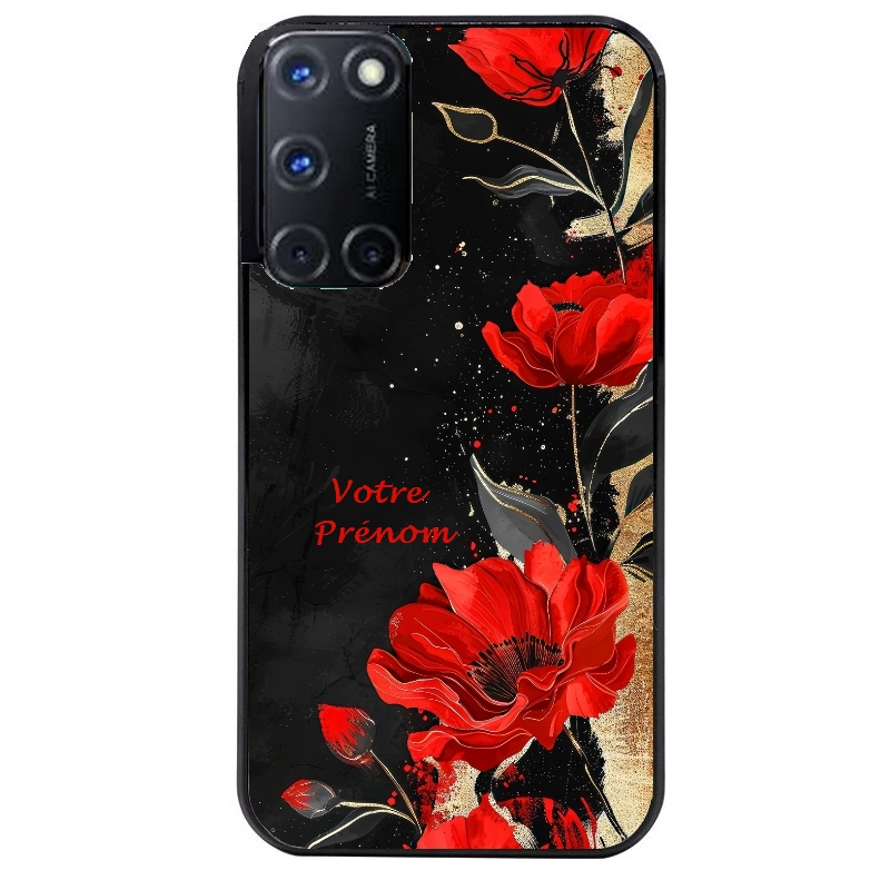 Coque noire taperso pour OPPO Reno 8 LITE avec motif fleur rouge avec prenom protection antichoc personnalisée