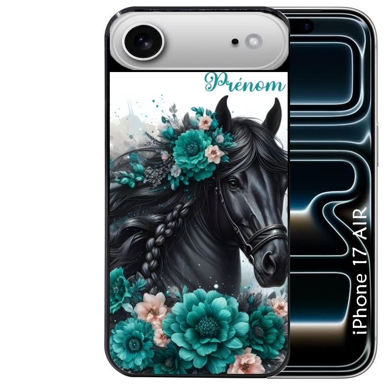 Coque noire taperso pour Iphone 17 17E AIR MAX PRO avec motif cheval et fleurs personnalisee protection antichoc personnalisée