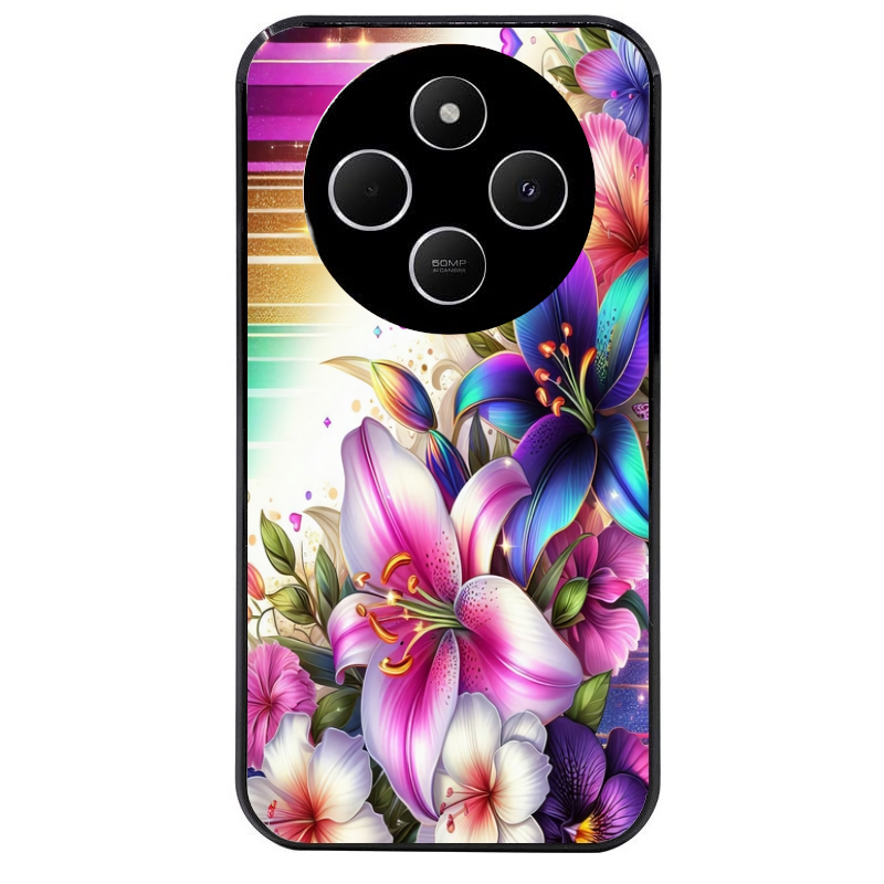 Coque noire taperso pour POCO C75 avec motif fleur fluo protection antichoc personnalisée