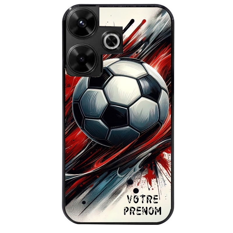 Coque noire taperso pour POCO M6 4G avec motif ballon foot avec prenom protection antichoc personnalisée