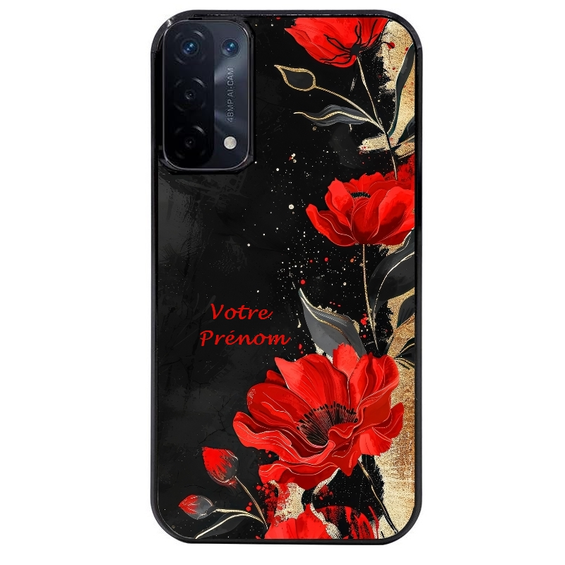Coque noire taperso pour OPPO A54 et A74 5G avec motif fleur rouge avec prenom protection antichoc personnalisée
