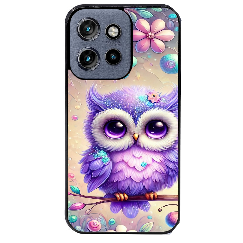 Coque noire taperso pour Moto Edge 60 et Neo Fusion Pro avec motif chouette violette protection antichoc personnalisée