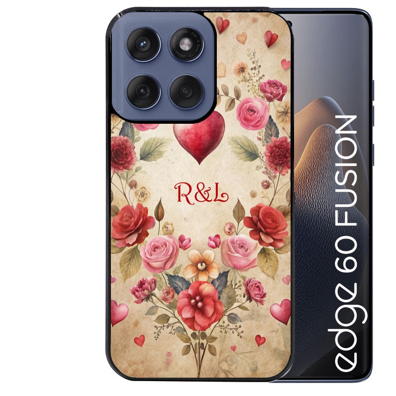 Coque noire taperso pour Moto Edge 60 et Neo Fusion Pro avec motif coeur vintage et initiales personnalisee protection antichoc personnalisée