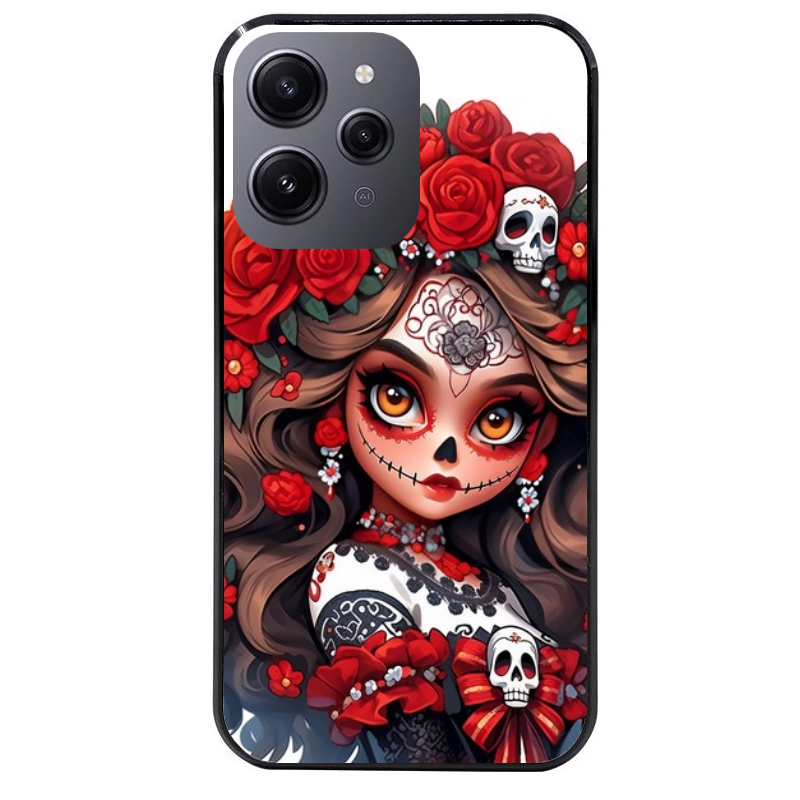 Coque noire taperso pour Redmi 12 4G et 5G avec motif tete de mort calavera rouge protection antichoc personnalisée