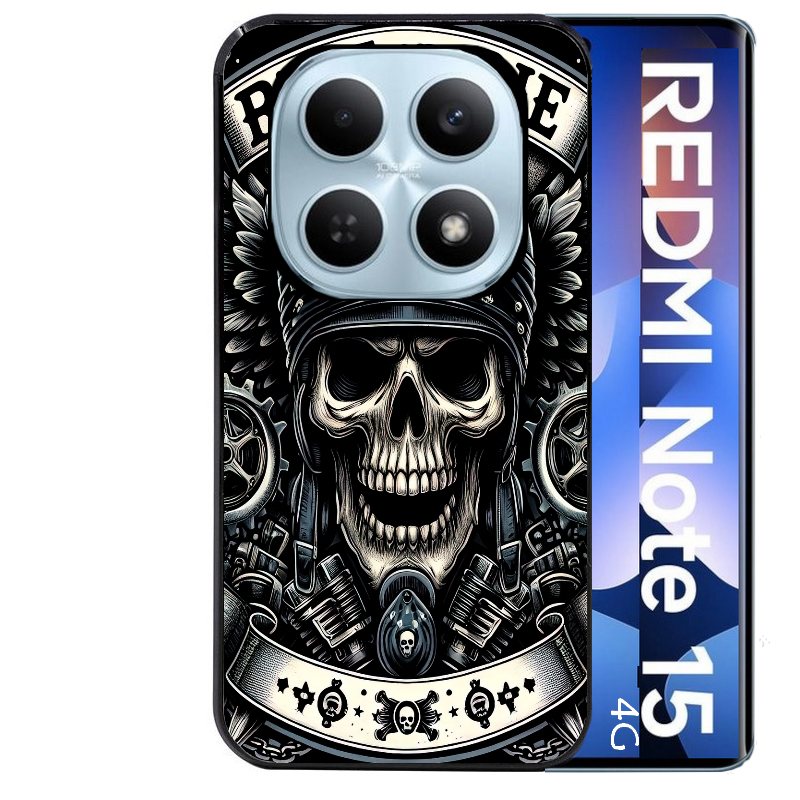 Coque noire taperso pour Redmi Note 15 et PRO PLUS 4G 5G avec motif mort motard protection antichoc personnalisée