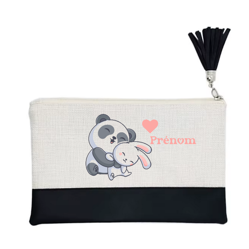 Pochette personnalisée motif panda et lapin en toile et simili cuir personnalisée