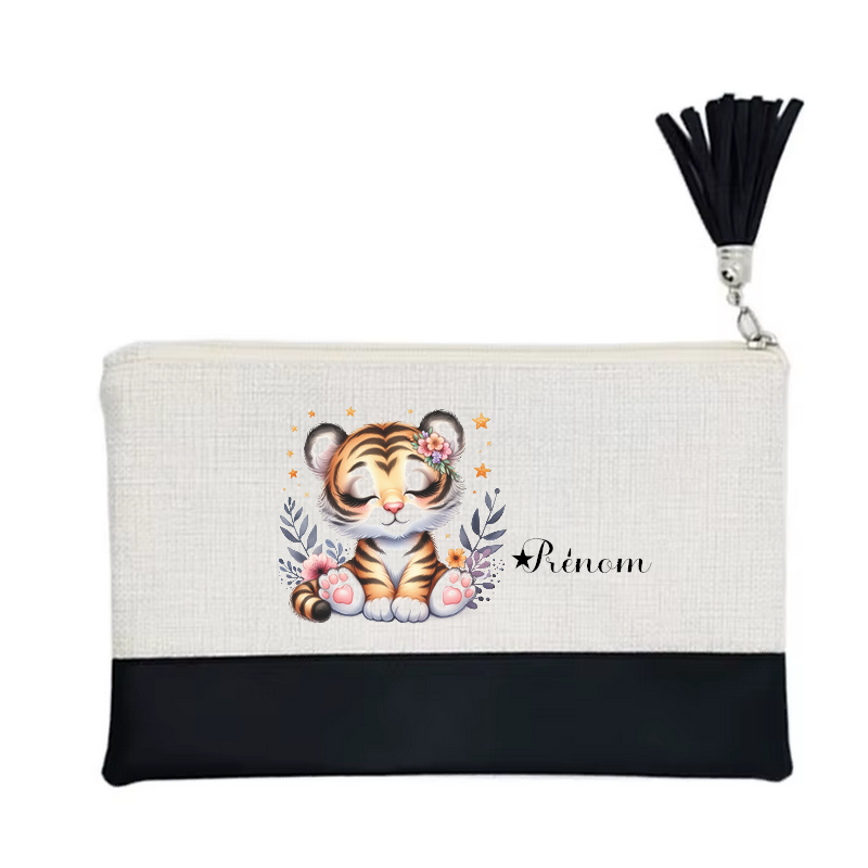Pochette personnalisée motif tigre et fleur en toile et simili cuir personnalisée