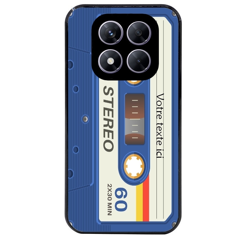 Coque noire taperso pour Redmi Note 14 et PRO PLUS 4G 5G personnalisable avec motif cassette bleu protection antichoc personnalisée