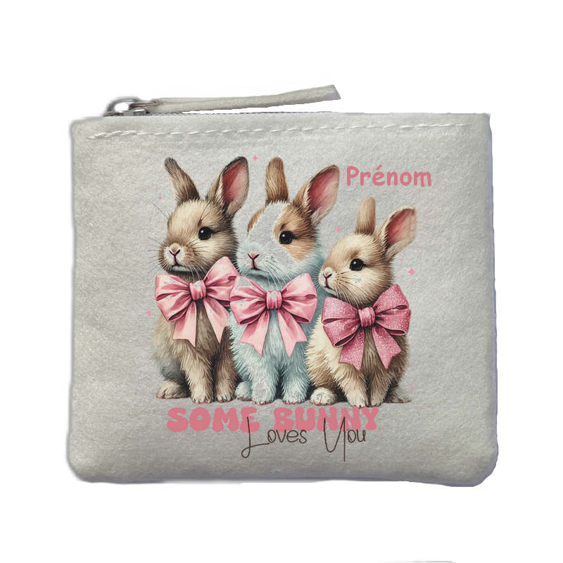 Porte monnaie personnalisé lapin noeud ivoire en feutrine en feutrine ivoire