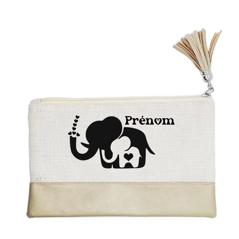 Pochette personnalisée motif elephant maman en toile et simili cuir personnalisée