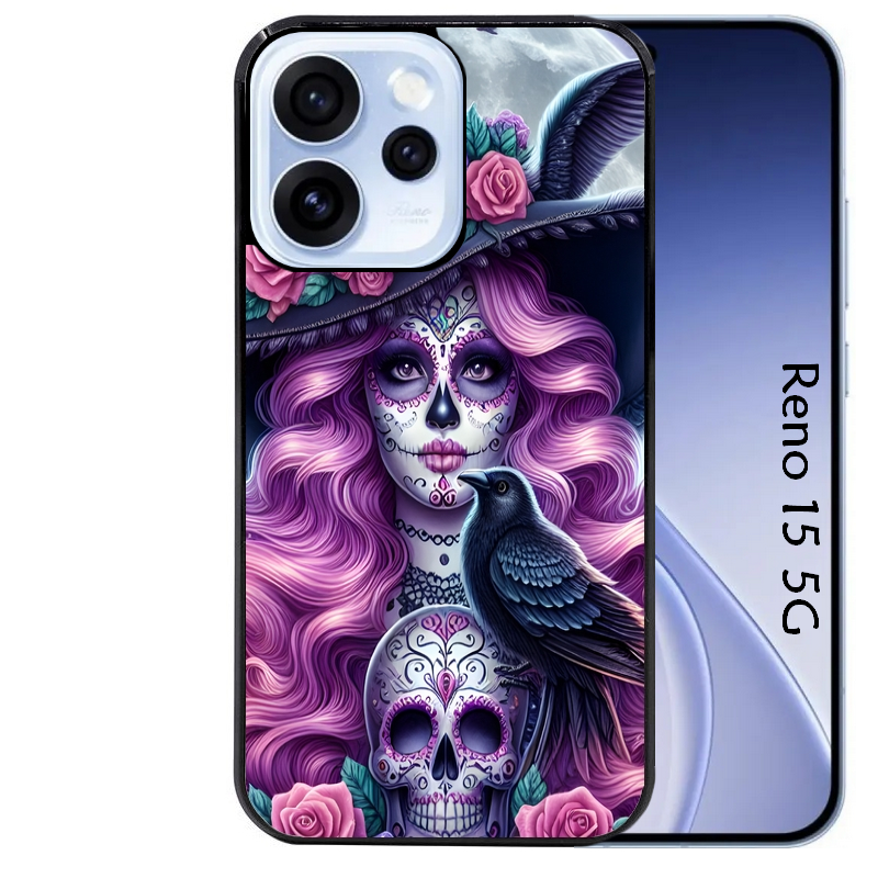 Coque noire taperso pour OPPO Reno 15 et F FS 5G avec motif tete de mort calavera et corbeau protection antichoc personnalisée