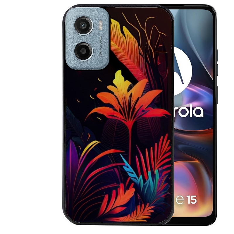 Coque noire taperso pour Moto E13 E14 E15 avec motif tropical jaune protection antichoc personnalisée