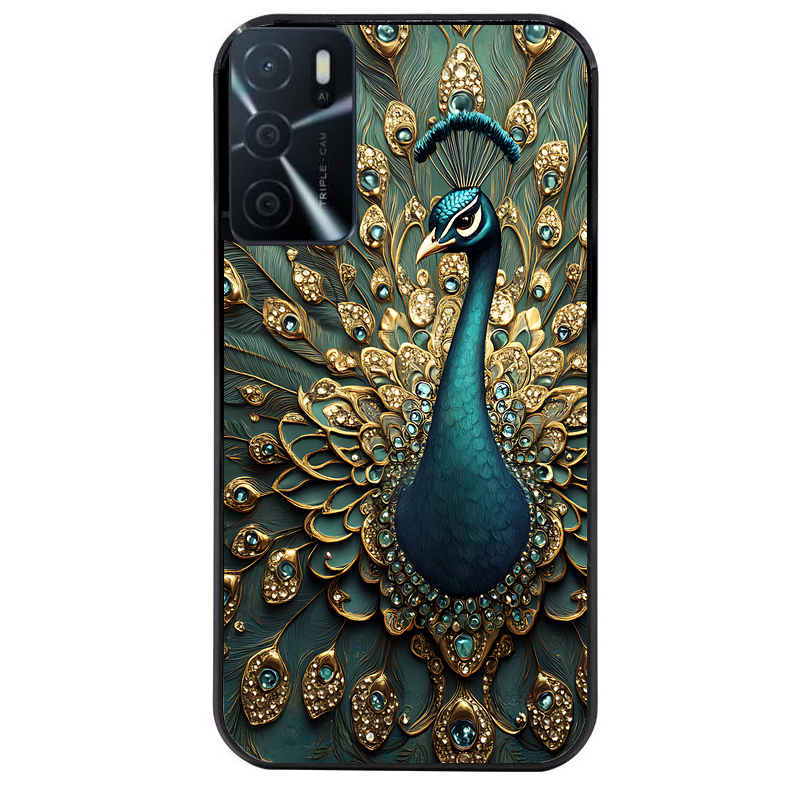 Coque noire taperso pour OPPO A16 et A16S avec motif paon bijoux protection antichoc personnalisée