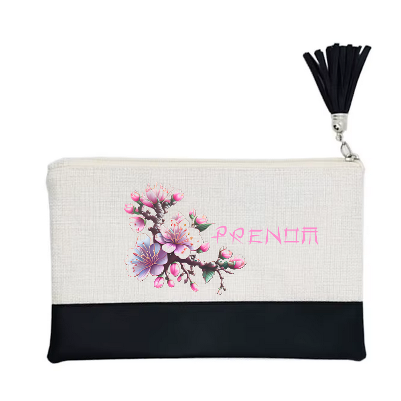 Pochette personnalisée motif fleur sakura en toile et simili cuir personnalisée