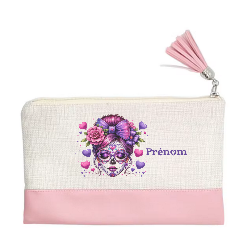 Pochette personnalisée motif tete de mort cœur en toile et simili cuir personnalisée