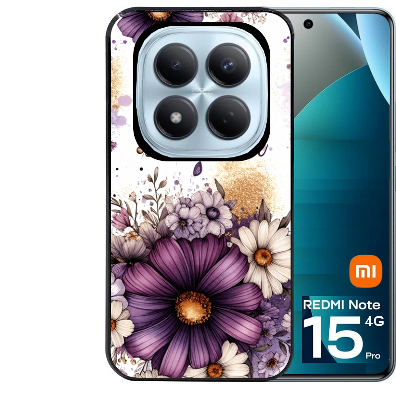 Coque noire taperso pour Redmi Note 15 et PRO PLUS 4G 5G avec motif fleur violette personnalisee protection antichoc personnalisée