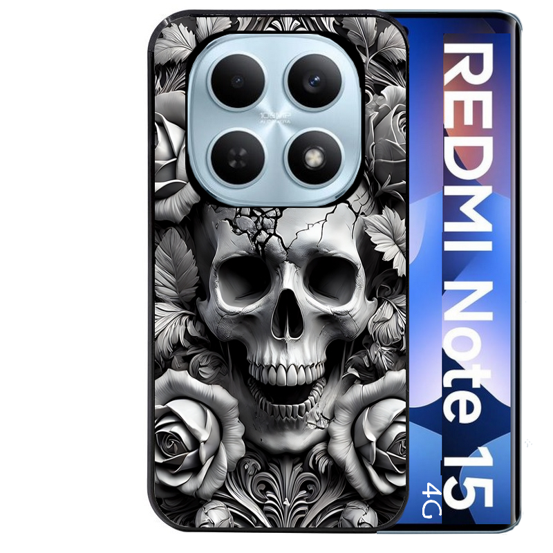 Coque noire taperso pour Redmi Note 15 et PRO PLUS 4G 5G avec motif tete de mort fleur protection antichoc personnalisée