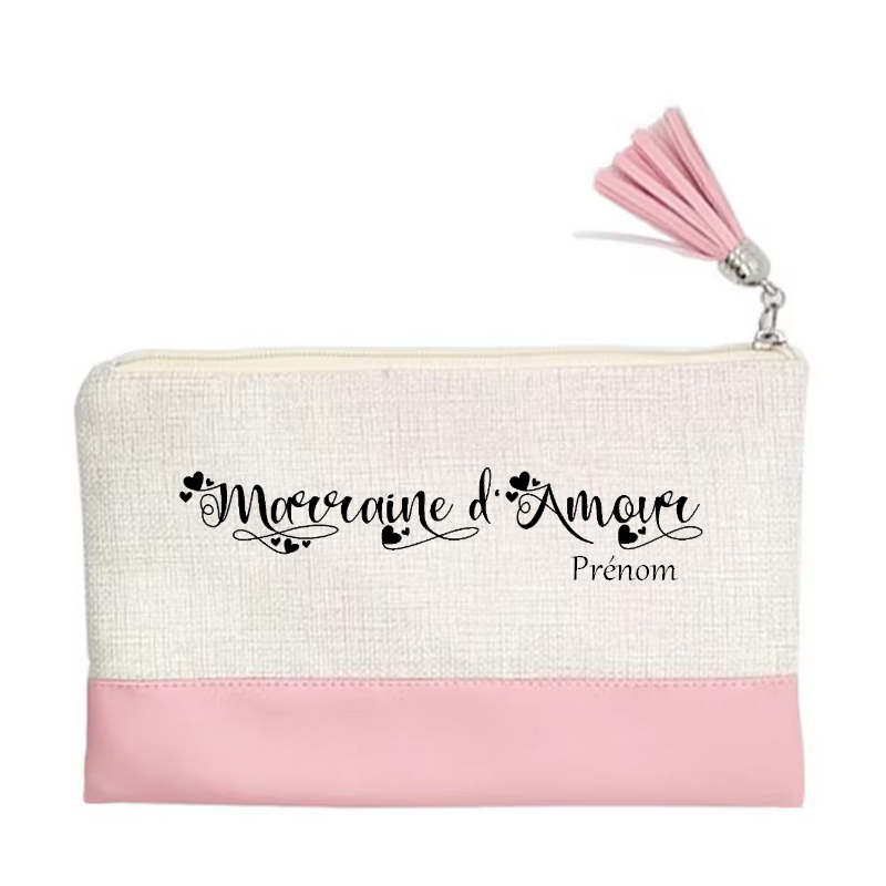 Pochette personnalisée motif marraine d'amour en toile et simili cuir personnalisée
