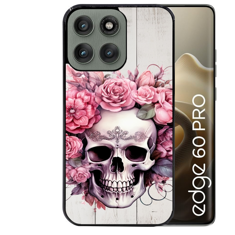 Coque noire taperso pour Moto Edge 60 et Neo Fusion Pro avec motif tete de mort floral protection antichoc personnalisée
