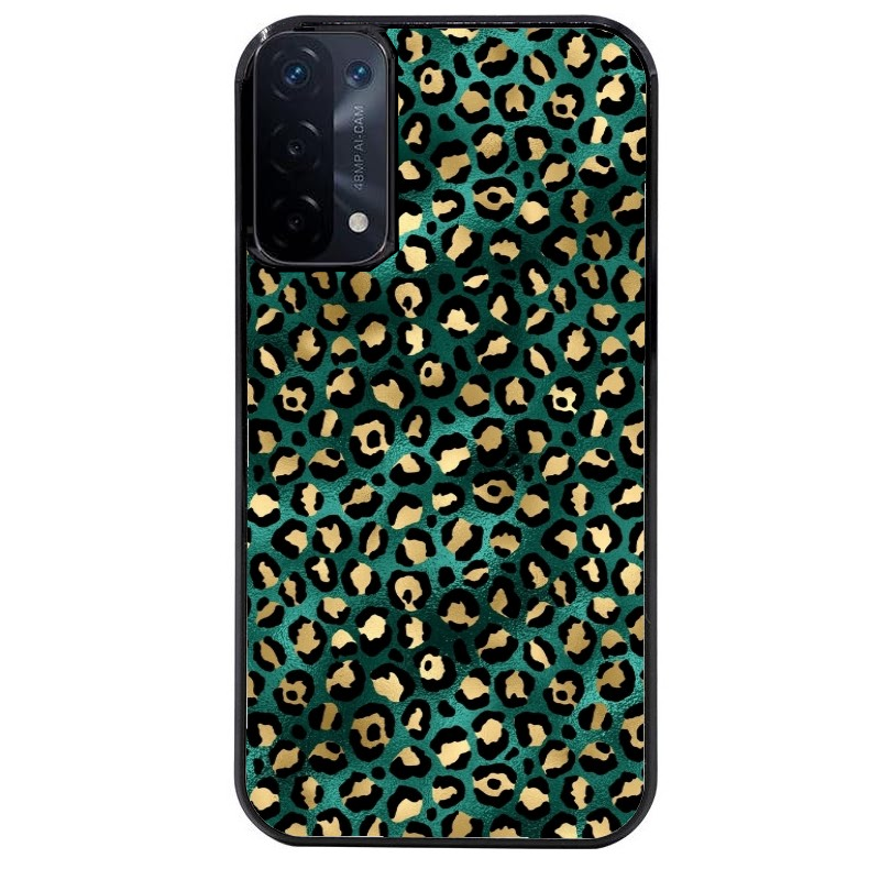 Coque noire taperso pour OPPO A54 et A74 5G avec motif leopard vert protection antichoc personnalisée