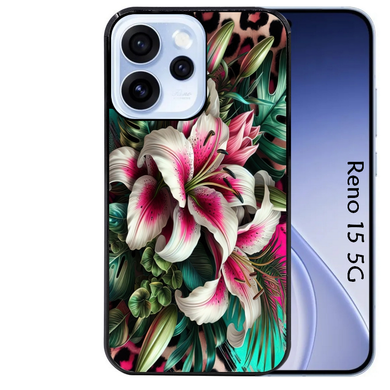 Coque noire taperso pour OPPO Reno 15 et F FS 5G avec motif leopard hibiscus protection antichoc personnalisée