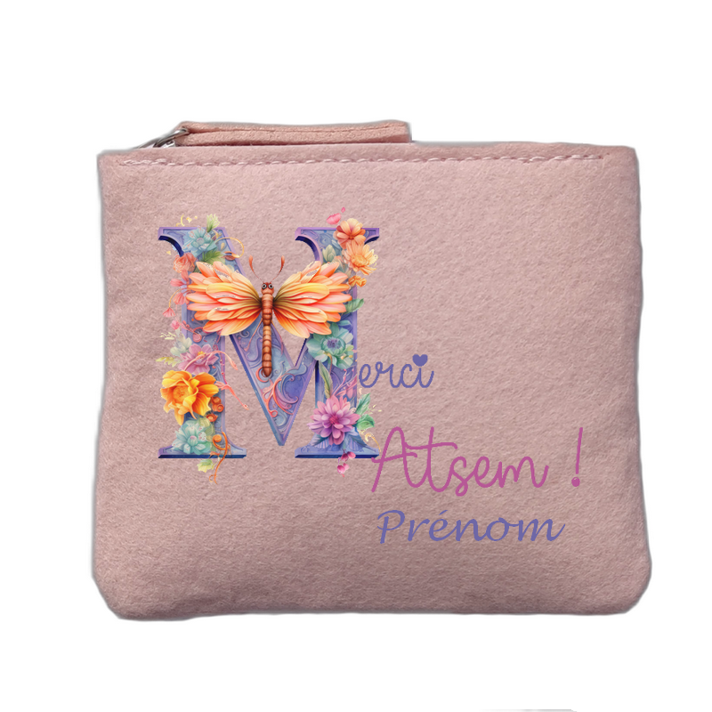 Porte monnaie personnalisé motif atsem merci fleurs rose clair en feutrine en feutrine
