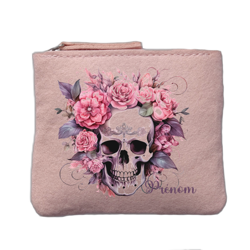 Porte monnaie personnalisé motif tete de mort floral rose clair en feutrine en feutrine