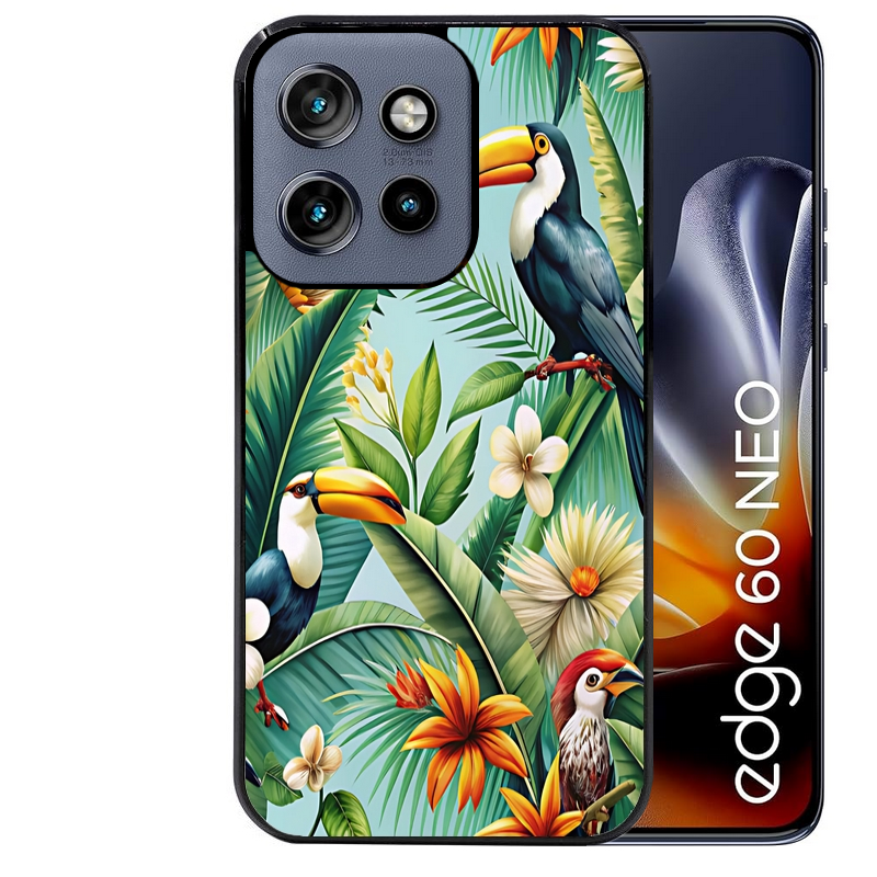 Coque noire taperso pour Moto Edge 60 et Neo Fusion Pro avec motif perroquet tropical protection antichoc personnalisée