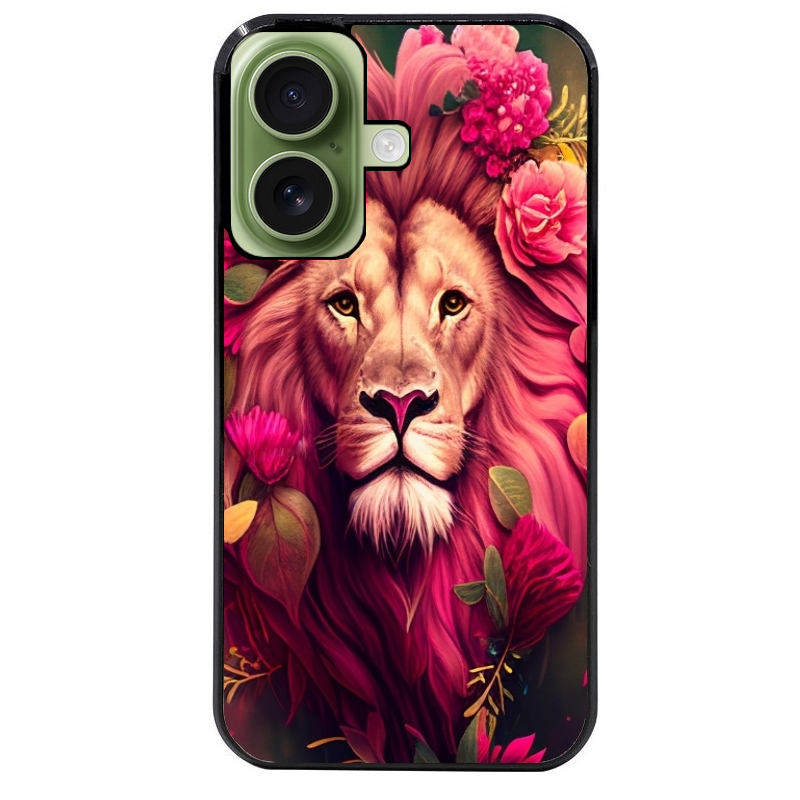Coque noire taperso pour Iphone 16 16E PLUS MAX PRO avec motif lion et fleurs rose protection antichoc personnalisée