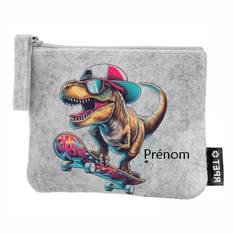 Porte monnaie personnalisé dino skate en feutrine en feutrine