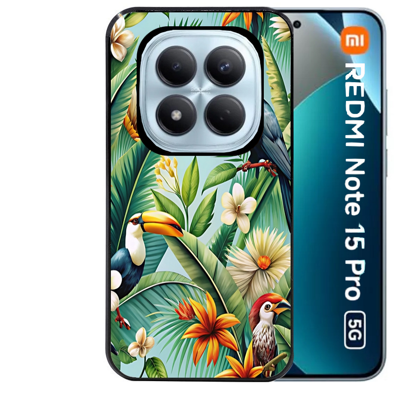 Coque noire taperso pour Redmi Note 15 et PRO PLUS 4G 5G avec motif perroquet tropical protection antichoc personnalisée