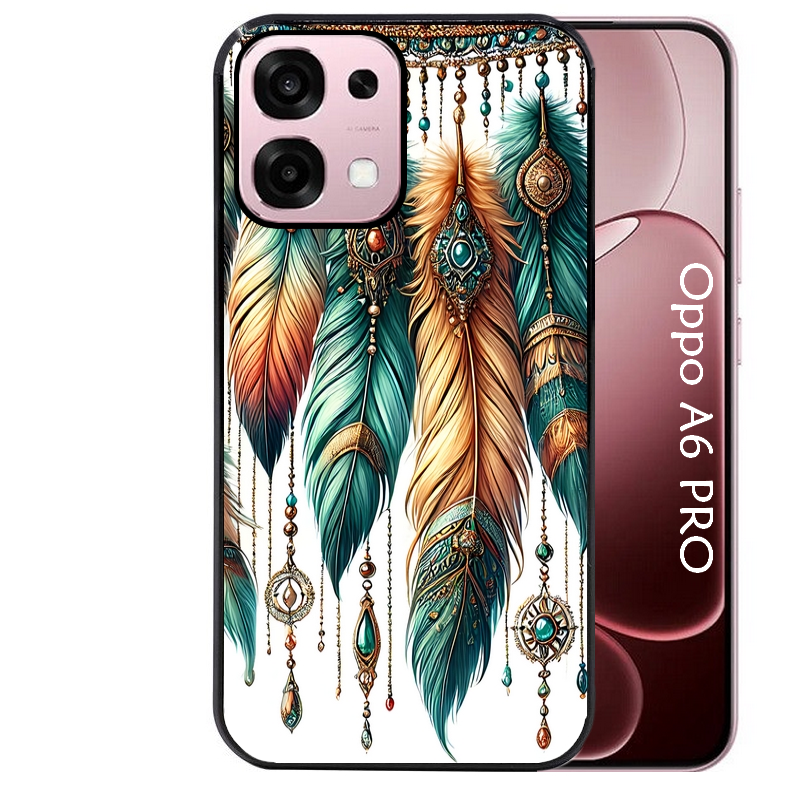 Coque noire taperso pour OPPO A6 PRO 4G et 5G avec motif plumes et bijoux protection antichoc personnalisée