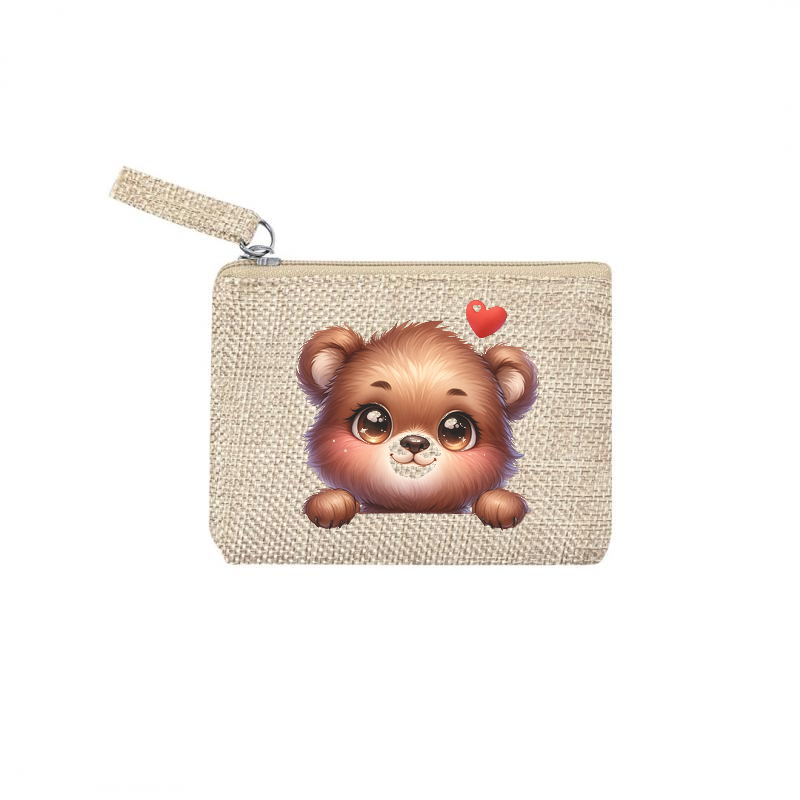Pochette personnalisée motif ourson cœur en toile et simili cuir personnalisée