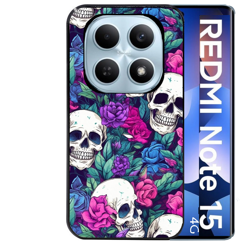 Coque noire taperso pour Redmi Note 15 et PRO PLUS 4G 5G avec motif tete de mort violet protection antichoc personnalisée
