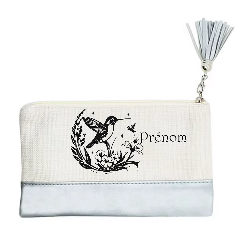 Pochette personnalisée motif colibri fleur en toile et simili cuir personnalisée
