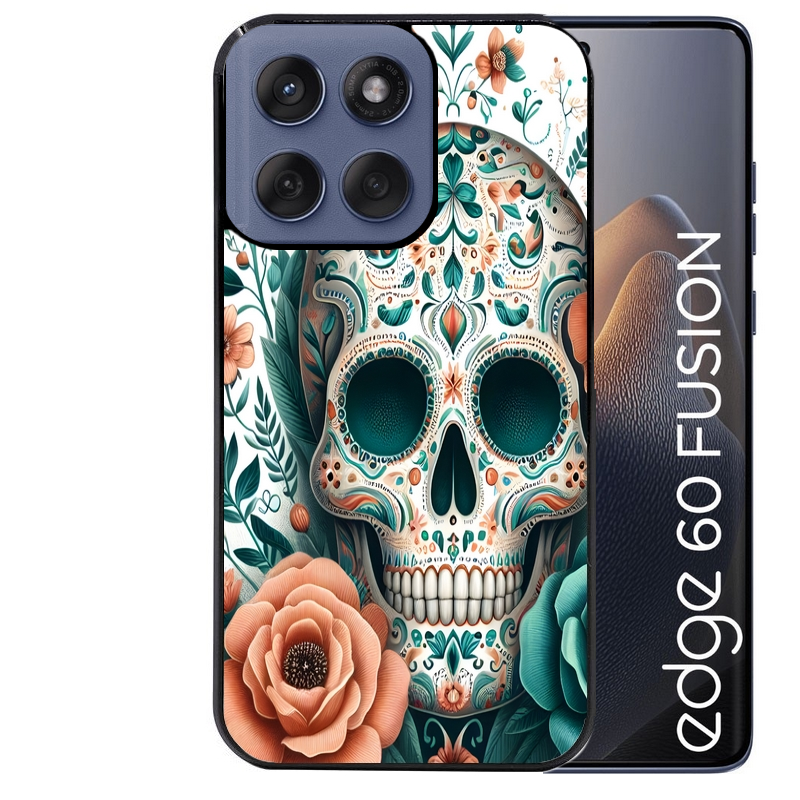 Coque noire taperso pour Moto Edge 60 et Neo Fusion Pro avec motif mort mexicaine turquoise protection antichoc personnalisée