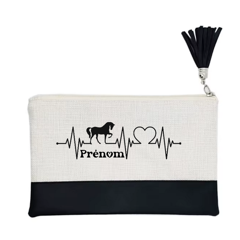 Pochette personnalisée motif cheval heartbeat en toile et simili cuir personnalisée