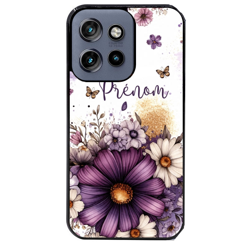 Coque noire taperso pour Moto Edge 60 et Neo Fusion Pro avec motif fleur violette personnalisee protection antichoc personnalisée
