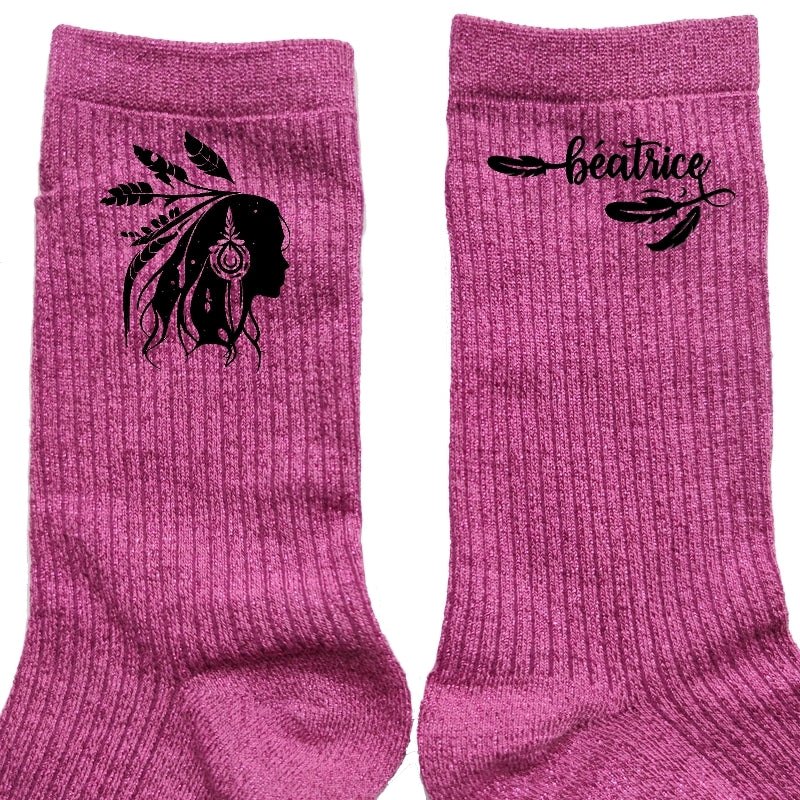 Chaussettes personnalisées paillettes rose motif boho et plumes
