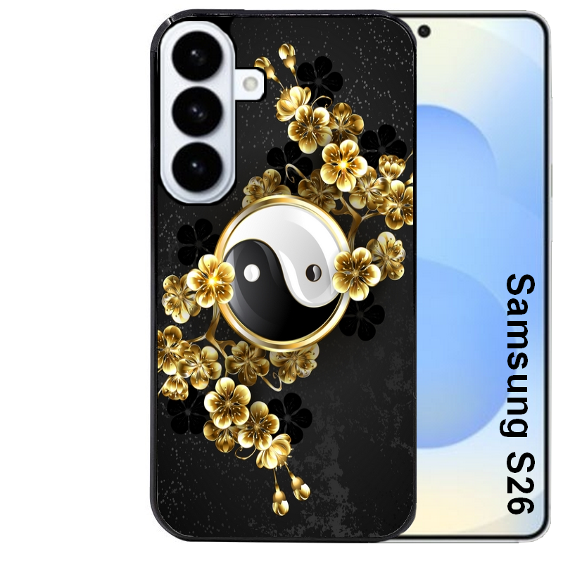 Coque noire taperso pour galaxy S26 et PLUS ULTRA FE avec motif yin yang et fleur protection antichoc personnalisée