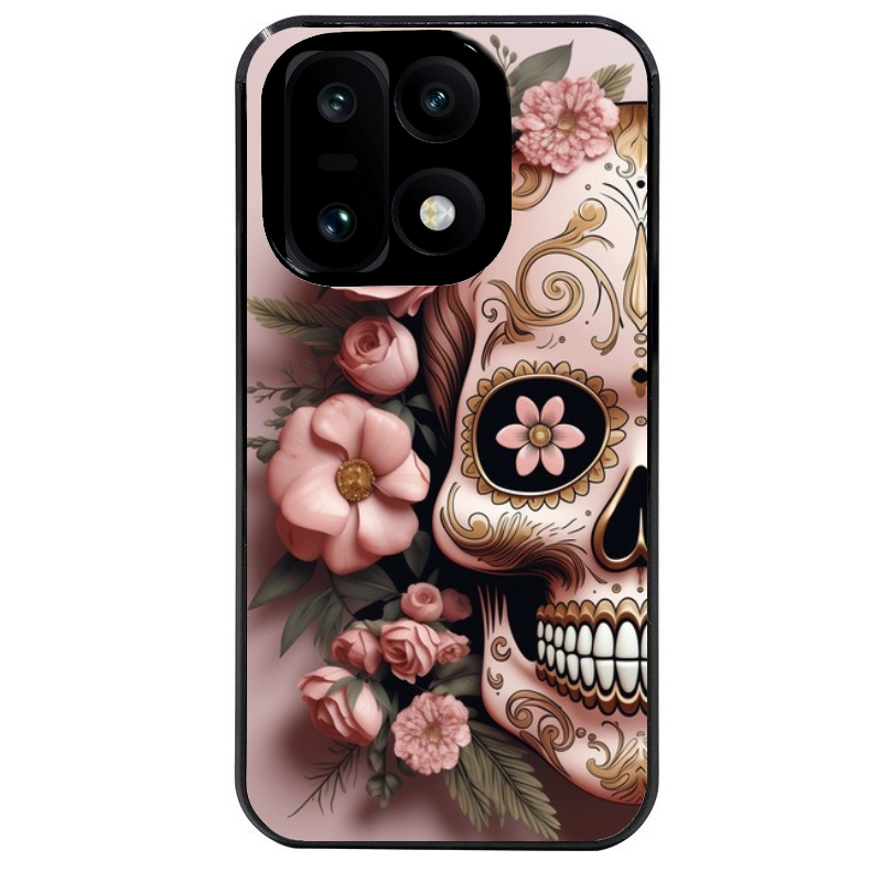 Coque noire taperso pour OnePlus 15 avec motif tete de mort calavera rose protection antichoc personnalisée
