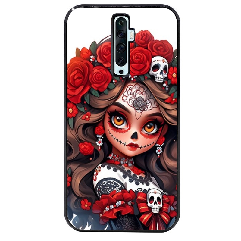Coque noire taperso pour OPPO Reno 2 et 2Z avec motif tete de mort calavera rouge protection antichoc personnalisée