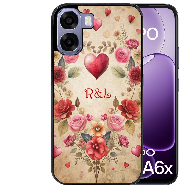 Coque noire taperso pour OPPO A6 A6X 4G et 5G avec motif coeur vintage et initiales personnalisee protection antichoc personnalisée