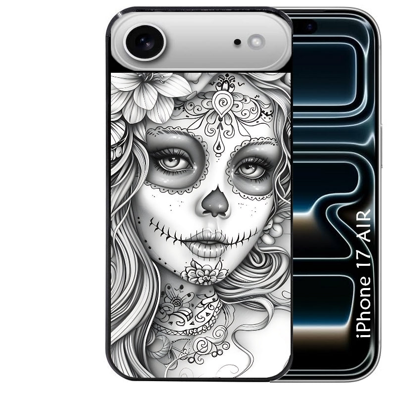 Coque noire taperso pour Iphone 17 17E AIR MAX PRO avec motif mort calavera tatoo protection antichoc personnalisée