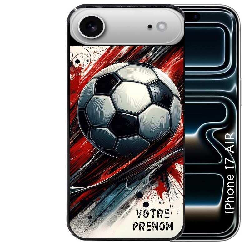 Coque noire taperso pour Iphone 17 17E AIR MAX PRO avec motif ballon foot avec prenom protection antichoc personnalisée